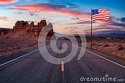 National American Flag Overlay. Middle of the Road View of a Scenic route Stock Photo