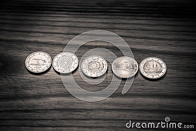 National anniversary Euro coins. Latvian currency - monochrome v Stock Photo