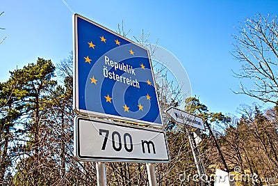 National border roadsign entering Austria Stock Photo