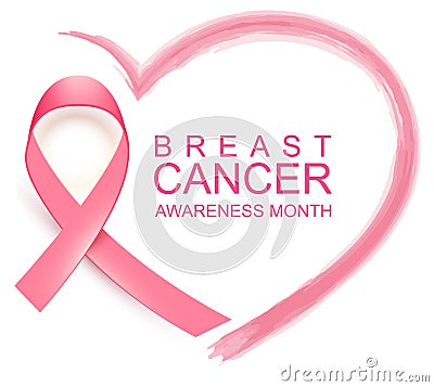 National breast cancer awareness month. Poster pink ribbon, text and heart shape Vector Illustration