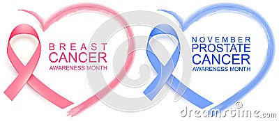 National breast cancer awareness month. Poster pink ribbon, text and heart shape. November prostate cancer awareness blue ribbon Vector Illustration