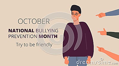 National Bullying Prevention month in October in USA. Victim man scene in society. Vector Illustration