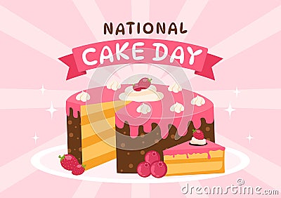 National Cake Day Vector Illustration on Holiday Celebrate November 26 with Sweet Bread in Flat Cartoon Pink Background Design Vector Illustration