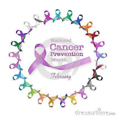 National cancer prevention month, February, with multi-color and lavender purple ribbons for raising awareness of all kind tumors Stock Photo