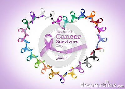National cancer survivor month, June with heart shape cycle of multi-color and lavender purple ribbons raising awareness Stock Photo