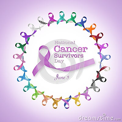 National cancer survivors day, June 5 with multi-color and lavender purple ribbons raising awareness of all kind tumors Stock Photo
