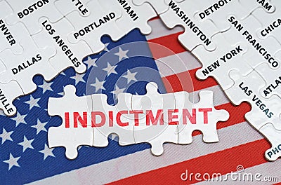 The USA flag has city name puzzles and puzzles with the inscription - Indictment Stock Photo