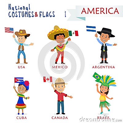 National costumes and flags of the nations - Kids of the world - America Vector Illustration