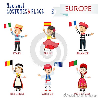 National costumes and flags of the nations - Kids of the world - Europe Vector Illustration