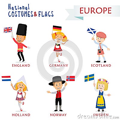 National costumes and flags of the nations - Kids of the world - Europe Vector Illustration