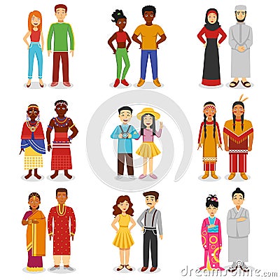 National Couples Icons Set Vector Illustration