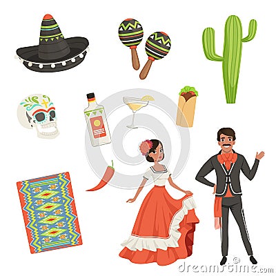 National cultural symbols of Mexico. Blanket with ethnic pattern, sombrero, cactus, skull, taco, tequila, maracas. Latin Vector Illustration