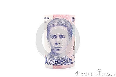 National currency of Ukraine. rolled into a roll 200 hryvnia on a white background. Stock Photo