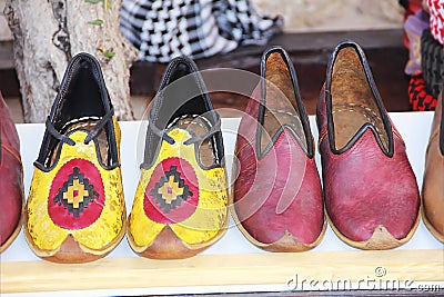 National Turkish leather colored slippers at a market in Turkey Editorial Stock Photo