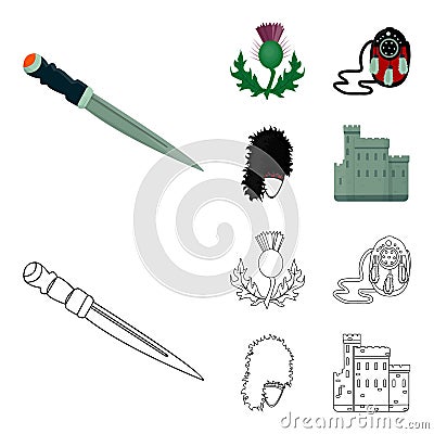 National Dirk Dagger, Thistle National Symbol, Sporran,glengarry.Scotland set collection icons in cartoon,outline style Vector Illustration