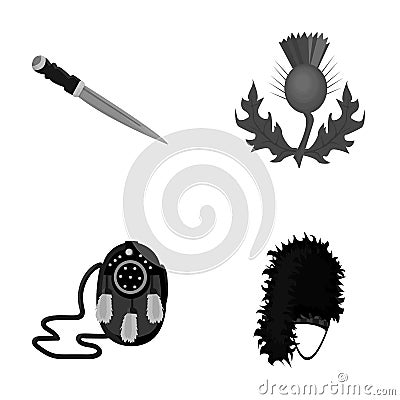 National Dirk Dagger, Thistle National Symbol, Sporran,glengarry.Scotland set collection icons in monochrome style Vector Illustration