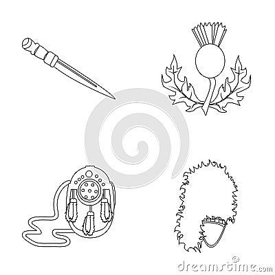 National Dirk Dagger, Thistle National Symbol, Sporran,glengarry.Scotland set collection icons in outline style vector Vector Illustration