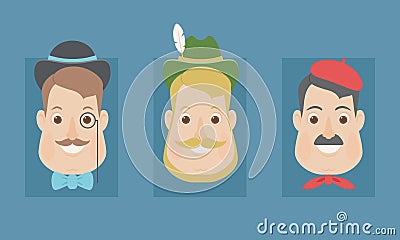 National diversity/stereotypes: English, German and French menNational diversity/stereotypes: English, German and French men Vector Illustration