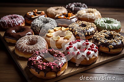 National donut day. Many different delicious donuts. AI generative Stock Photo