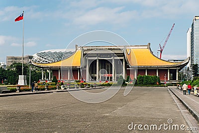 The National Dr. Sun Yat-Sen Memorial Hall with blue sky and cloud and construction crane in background in Taipei, Taiwan Editorial Stock Photo