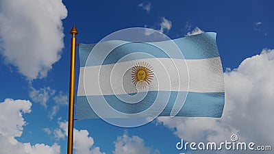 National flag of Argentina waving 3D Render with flagpole and blue sky, Republic Argentine flag textile designed by Cartoon Illustration