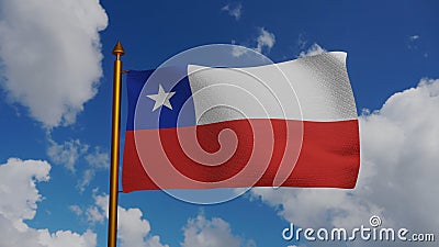 National flag of Chile waving 3D Render with flagpole and blue sky, La Estrella Solitaria or The Lone Star, Republic of Cartoon Illustration