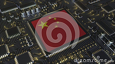 National flag of China on the operating chipset. Chinese information technology or hardware development related Stock Photo