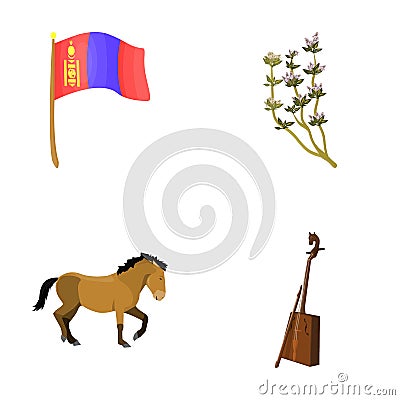 National flag, horse, musical instrument, steppe plant. Mongolia set collection icons in cartoon style vector symbol Vector Illustration