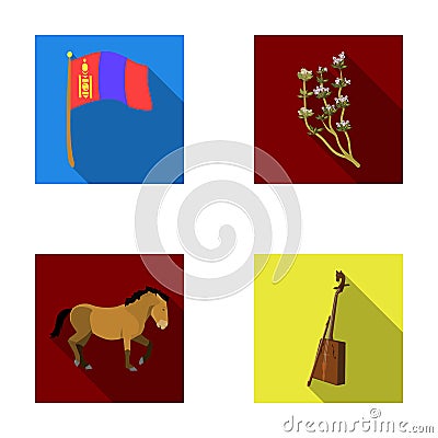 National flag, horse, musical instrument, steppe plant. Mongolia set collection icons in flat style vector symbol stock Vector Illustration