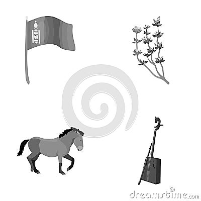 National flag, horse, musical instrument, steppe plant. Mongolia set collection icons in monochrome style vector symbol Vector Illustration