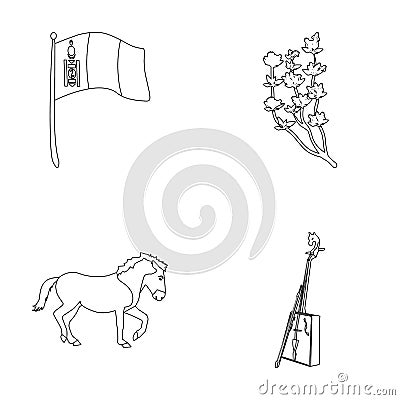 National flag, horse, musical instrument, steppe plant. Mongolia set collection icons in outline style vector symbol Vector Illustration