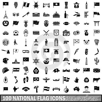 100 national flag icons set, simple style Vector Illustration