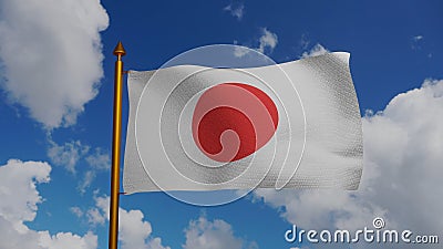 National flag of Japan waving 3D Render with flagpole and blue sky, Nisshoki japan flag of sun or Hinomaru, Land of the Cartoon Illustration