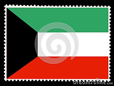 National flag of Kuwait. Official colors and proportion of flag of Kuwait.Old postage stamp isolated on black backgr Cartoon Illustration