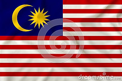 National flag of Malaysia on a silk cloth with folds from the wind, a symbol of tourism, immigration, political asylum Stock Photo