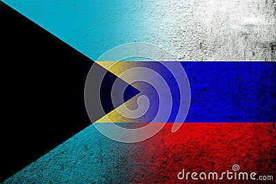 National flag of Russian Federation with The Commonwealth of The Bahamas national flag. Grunge background Stock Photo