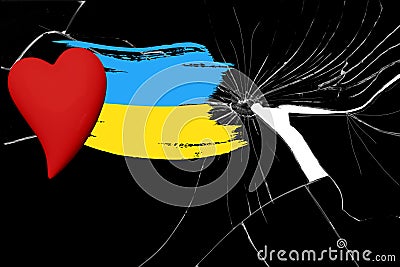 National flag of Ukraine, creative grunge brushstroke flag on glass with cracks background, mockup heart, concept of politics, Stock Photo