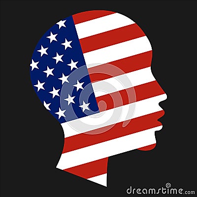 National flag of United States of America in form of African-American boy head silhouette. Freedom, patriotism and Vector Illustration