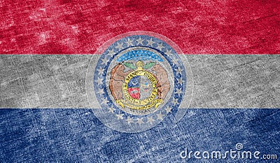 The national flag of the US state Missouri in against a gray textile rag on the day of independence in different colors of blue Stock Photo