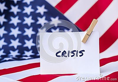 The National Flag of USA. American Flag and paper note message text CRISIS. global hunger, inflation, high prices Stock Photo