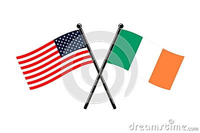 National flags of Ireland and Usa crossed on the sticks Vector Illustration