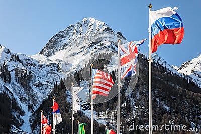 National flags of Russia, Great Britain, USA and other countries waving in the wind Stock Photo