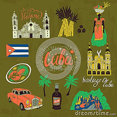 Illustrated tourist set of Cuba. Vector Illustration