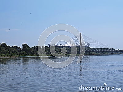 National Football Stadium at River Bank with Swietokrzyski Bridge, Warsaw, Poland, May 2018 Editorial Stock Photo