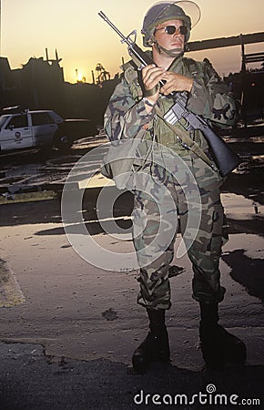 National Guardsman patrolling after 1992 riots, South Central Los Angeles, California Editorial Stock Photo