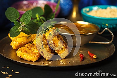 National Indian appetizer, cheese in mint batter with plum chutney sauce. Close-up on a copper plate, decorated with fresh herbs Stock Photo