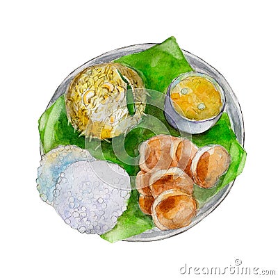 The national indian bengali food on leaf of a banana tree, watercolor illustration. Cartoon Illustration