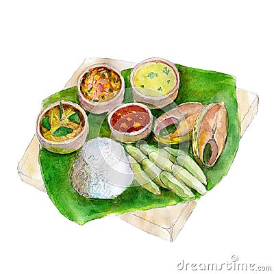 The national indian bengali food on leaf of a banana tree, watercolor illustration. Cartoon Illustration