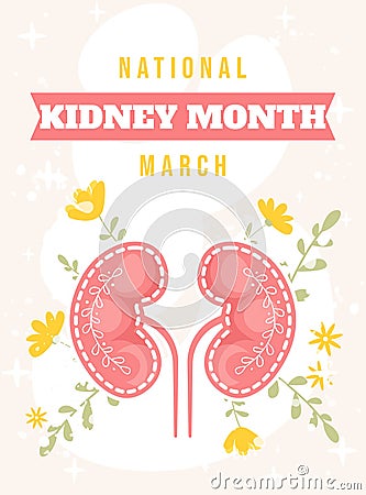 National Kidney month vector illustration in flat cartoon style. Healthy human kidney on floral background Vector Illustration