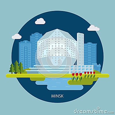 National Library. Minsk city, Belarus. Travel background. Flat design stylized building. Vector Illustration